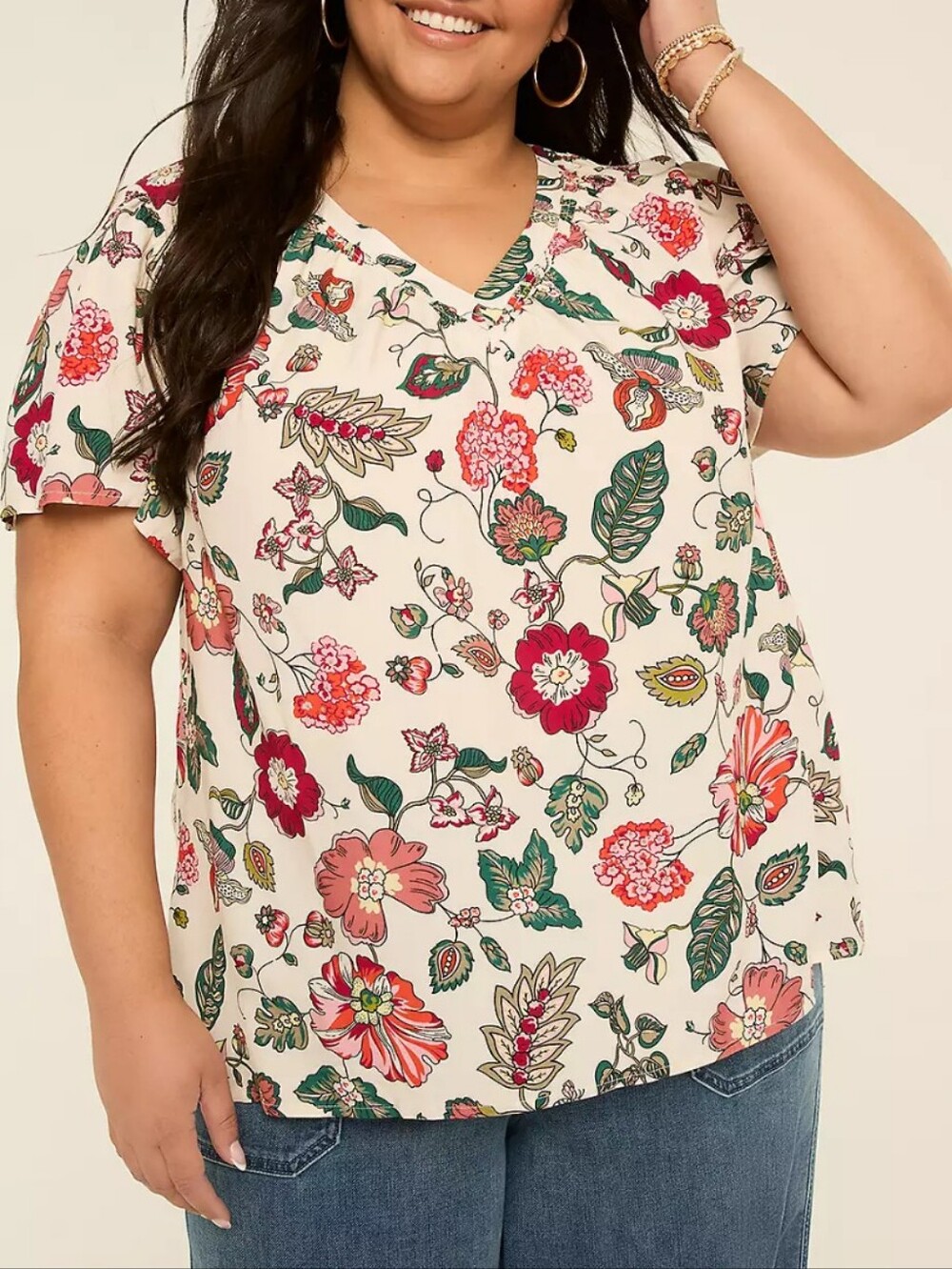 Lane Bryant Swing Floral V-Neck Short Sleeve Blouse #3526